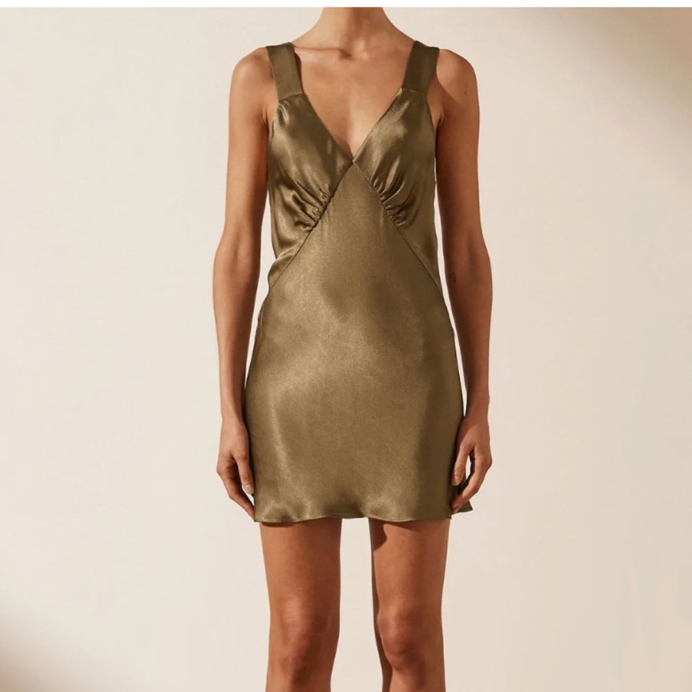 Shona Joy LA LUNE LOUNGE PLUNGED SLIP DRESS - WARM OLIVE